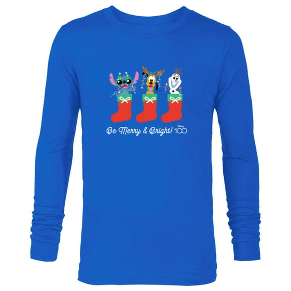 Disney 100 Stitch Pluto Olaf Christmas Be Merry & Bright! - Long Sleeve T-Shirt for Men - Customized-Navy