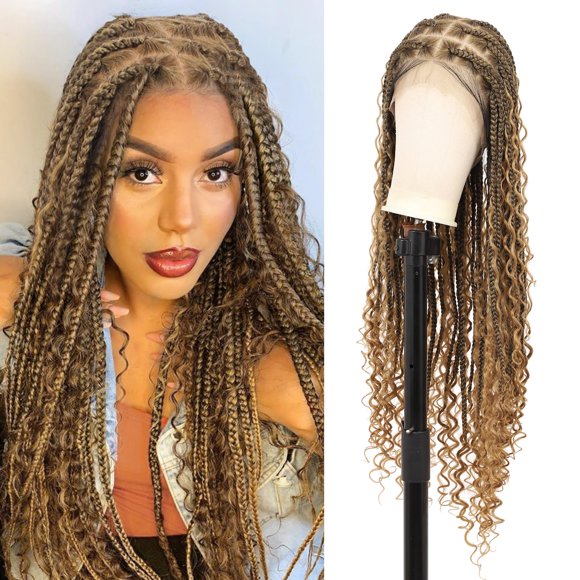 Olymei 360° HD Full Lace Braided Wigs Boho Braided Wigs Square Knotless Braided Wigs for Women Box Braid Wig with Curly End Braided Lace