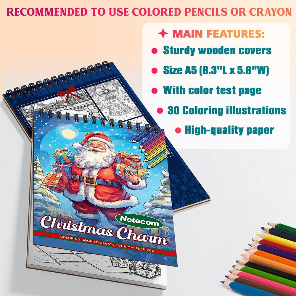 Netecom Christmas Charm Coloring Book Spiral Bound for Adults, A5 Wooden Cover, 30 Delightful Coloring Pages of Festive Holiday Scenes for Stress Relief and Relaxation