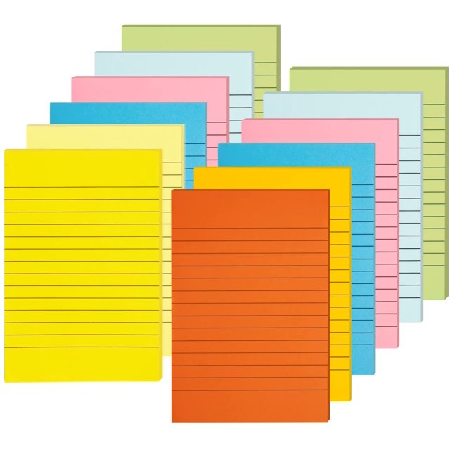 Lined Sticky Notes 4 X 6 Inch 12 Pads Large Colored Self-Stick Note with Lines, Colorful Ruled Memo Notepads 600 Sheets 8 Candy Colors for Office, School and Home, Yellow, Green, Blue, Pink