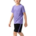 thumbnail image 4 of CYRBOKO Athletic Outfit Sets for Boys, Summer Running Crew Neck Breathable Mash Short Sleeve Sports Clothing Sets Purple Size 5-6 T, 4 of 6