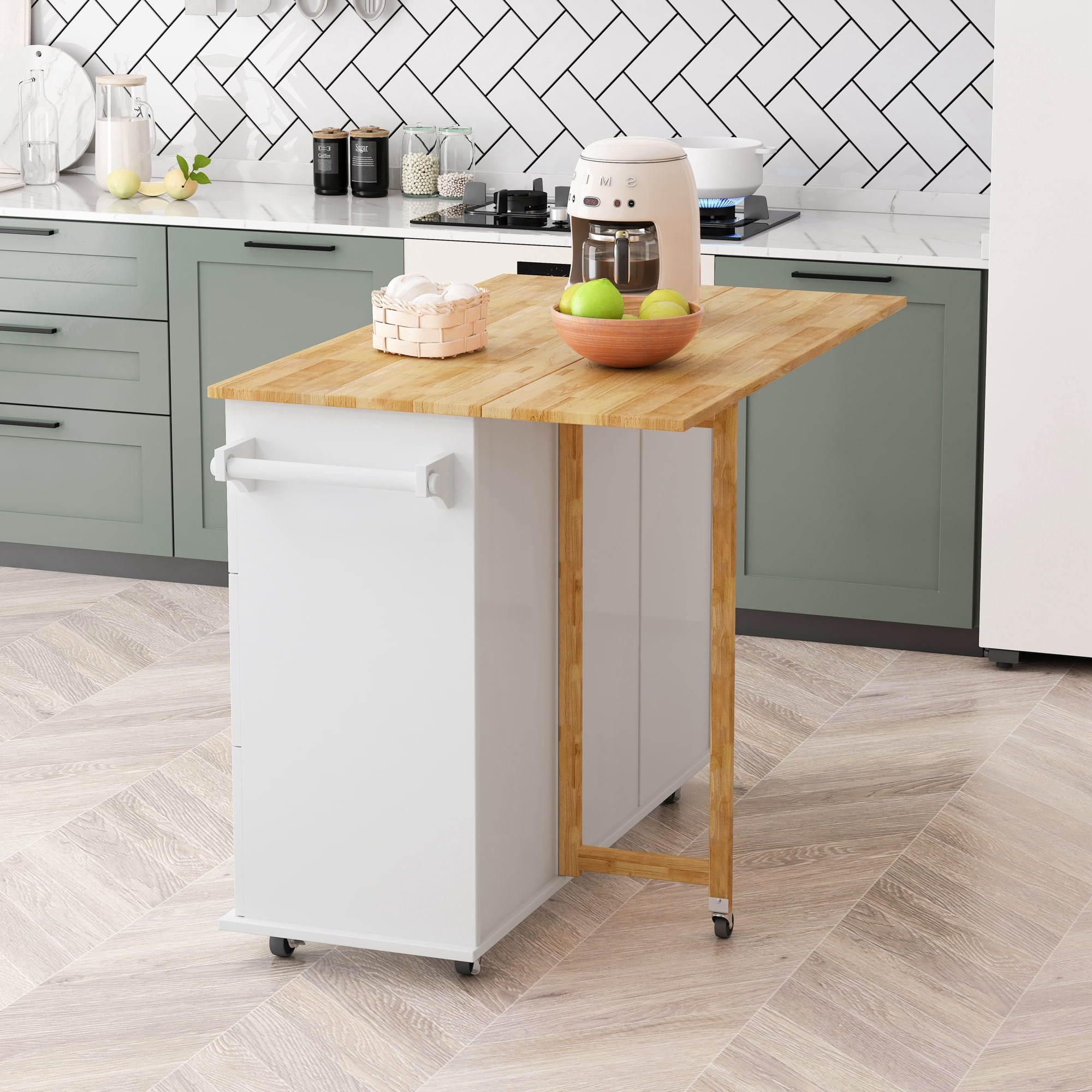 Kitchen Island Cart with 2 Door Cabinet and Three Drawers, 43.31 Inch Width with Spice Rack, Towel Rack
