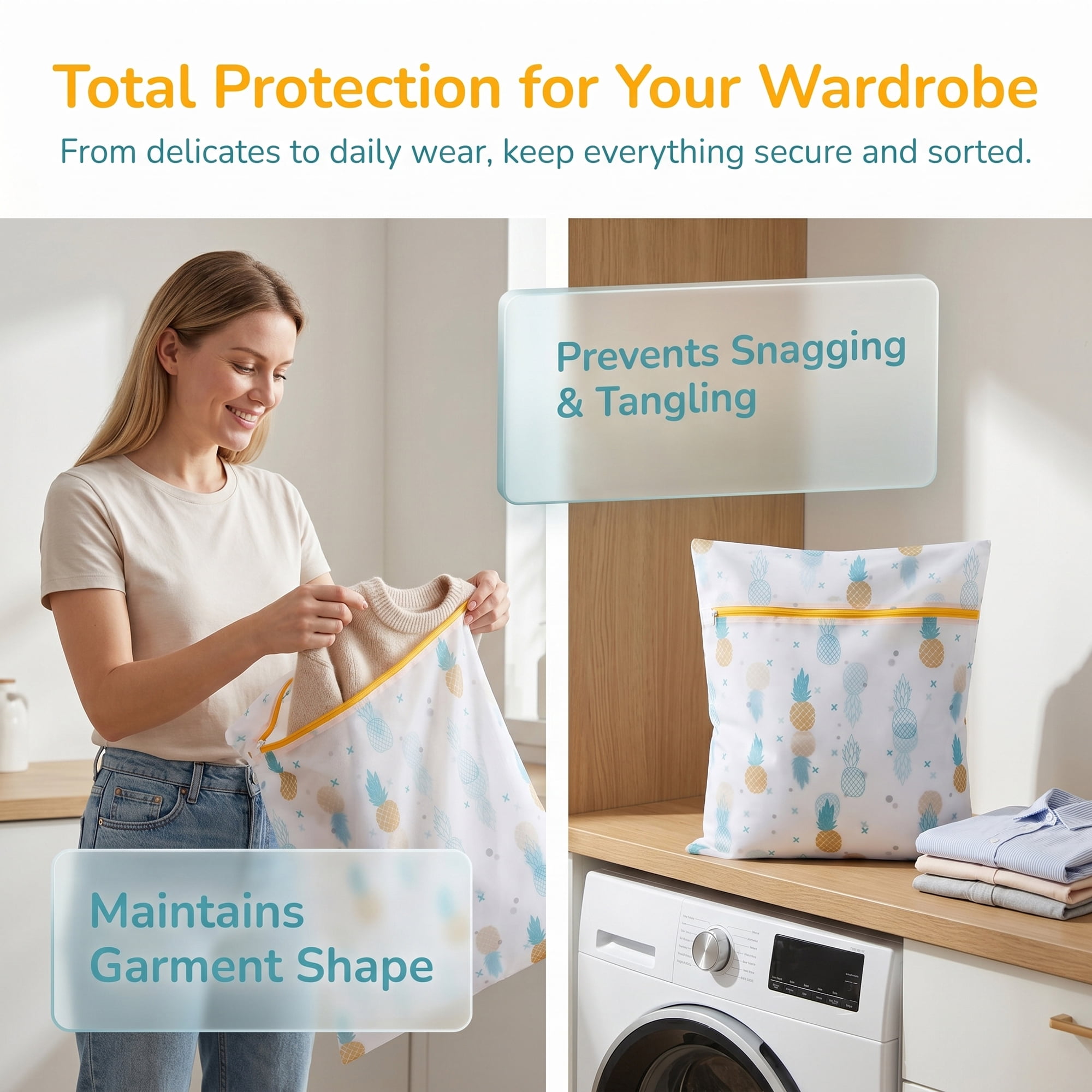 Polyester Mesh Durable Zipper Closure Laundry Bags for Delicates Blue-Yellow 6Pcs