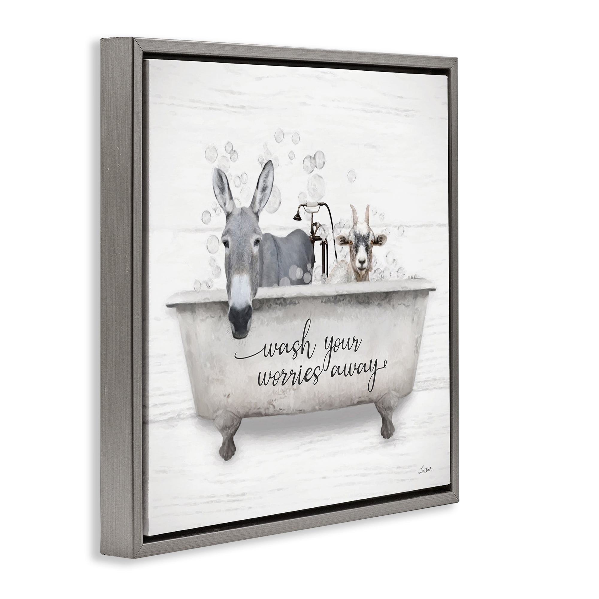 Stupell Industries Wash Worries Away Tub Typography Painting Gray Floater Framed Canvas Art Print Wall Art, 25 x 25