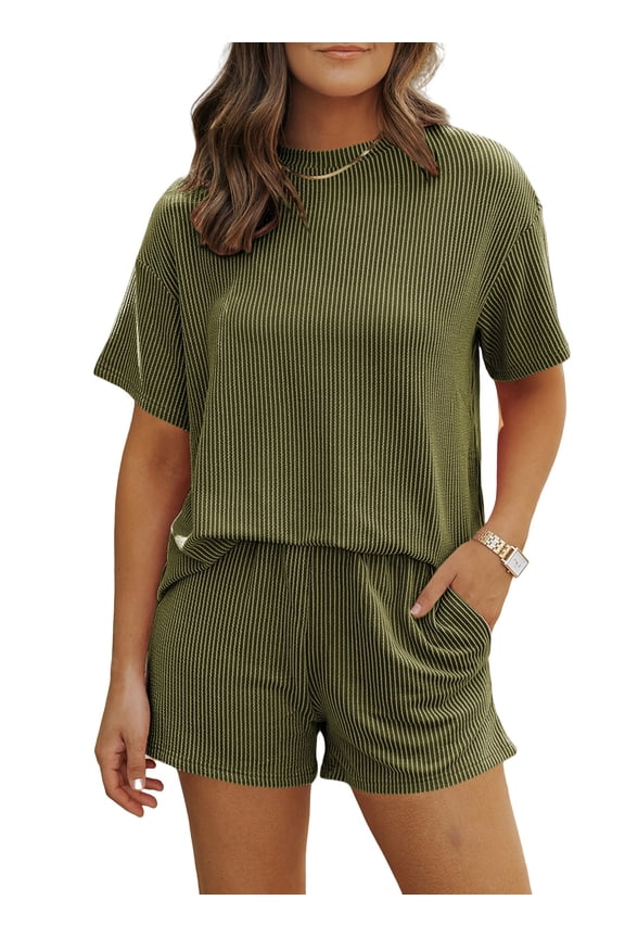 2 Piece Oufits for Women Lounge Set Short Sleeve Shirts Matching High Waisted Shorts with Pockets M