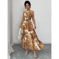 thumbnail image 4 of Khaki Watercolor Floral Print Halter Neck Smocked Waist A-Line Maxi Dress For Women, 4 of 7