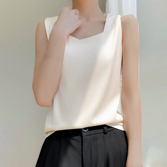 Sevevn Women's Summer Casual And Fashionable Solid V-neck Round Sleeveless Top Beige L Rollbacks