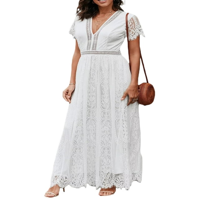 Robe de Mariée en Dentelle Florale à Col en V pour Femmes, Manches Courtes, Robe Maxi de Demoiselle d'Honneur, Robe de Fête, Rose, M