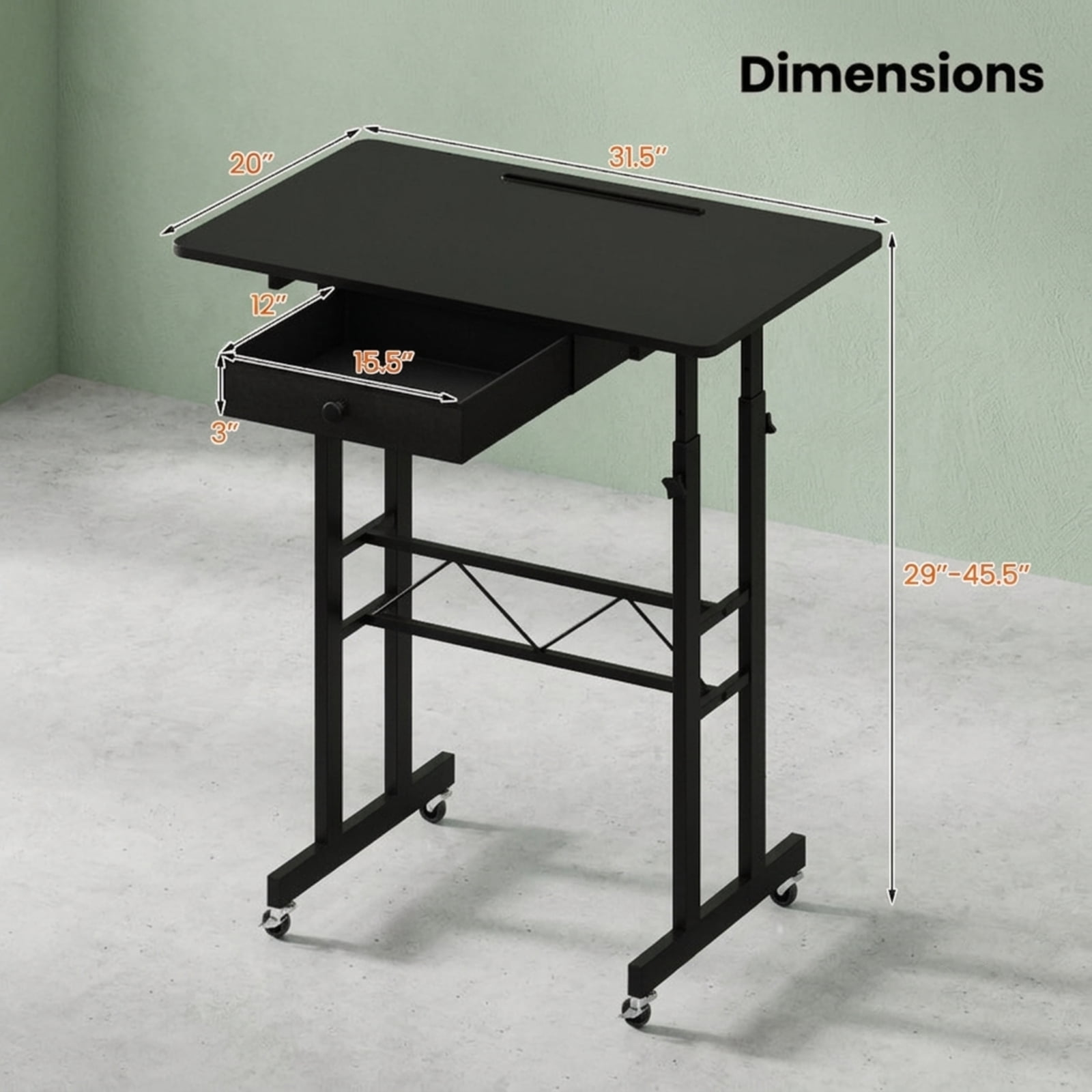Furnibear Height Adjustable Standing Laptop Desk with Fabric Drawer Tablet Holder Lockable Wheels and Sit Stand Design for Home Office, Black