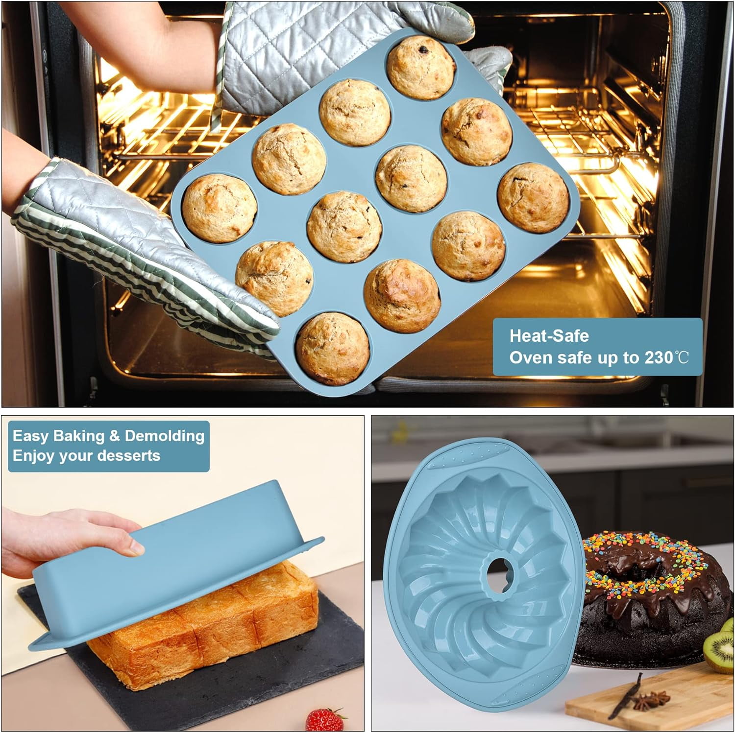 9in1 Nonstick Silicone Baking Fluted Cake Pan Cookie Sheet Molds Tray Heat Resistant Bakeware Tools Kit for Muffin Loaf Bread Pizza CupcakeUtensil