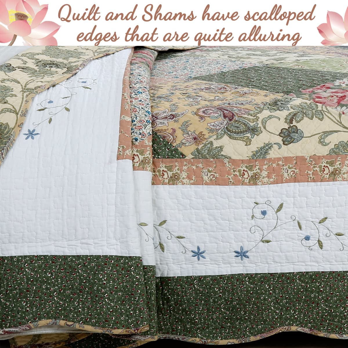 Cozy Line Country Cottage Floral Dark Green Scalloped Edge Real Patchwork 100% Cotton 3-Piece Reversible Quilt Set, Queen