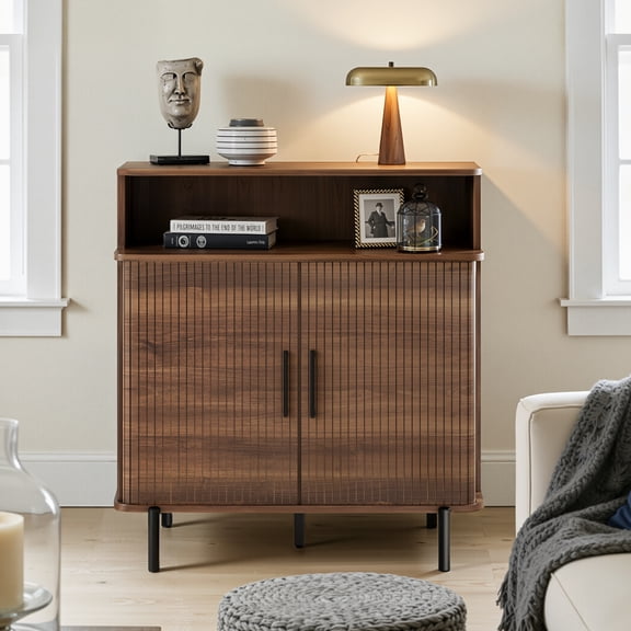 SUNCOZE Fluted Sideboard Cabinet with Storage, Modern Coffee Bar Cabinet with Shelf, Wood Console for Living Room, Walnut