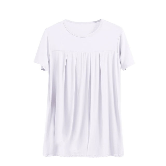 BLVB Plus Size Pajama Tops for Women Round Neck Solid Color Short Sleeve Sleep Shirts Pleated Front Loungewear