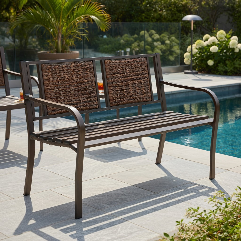 Hommoo Outdoor Patio Bench, Heavy-Duty Powder-Coated Steel Frame with All-Weather PE Rattan, Garden, Backyard & Balcony Seating, Bronze