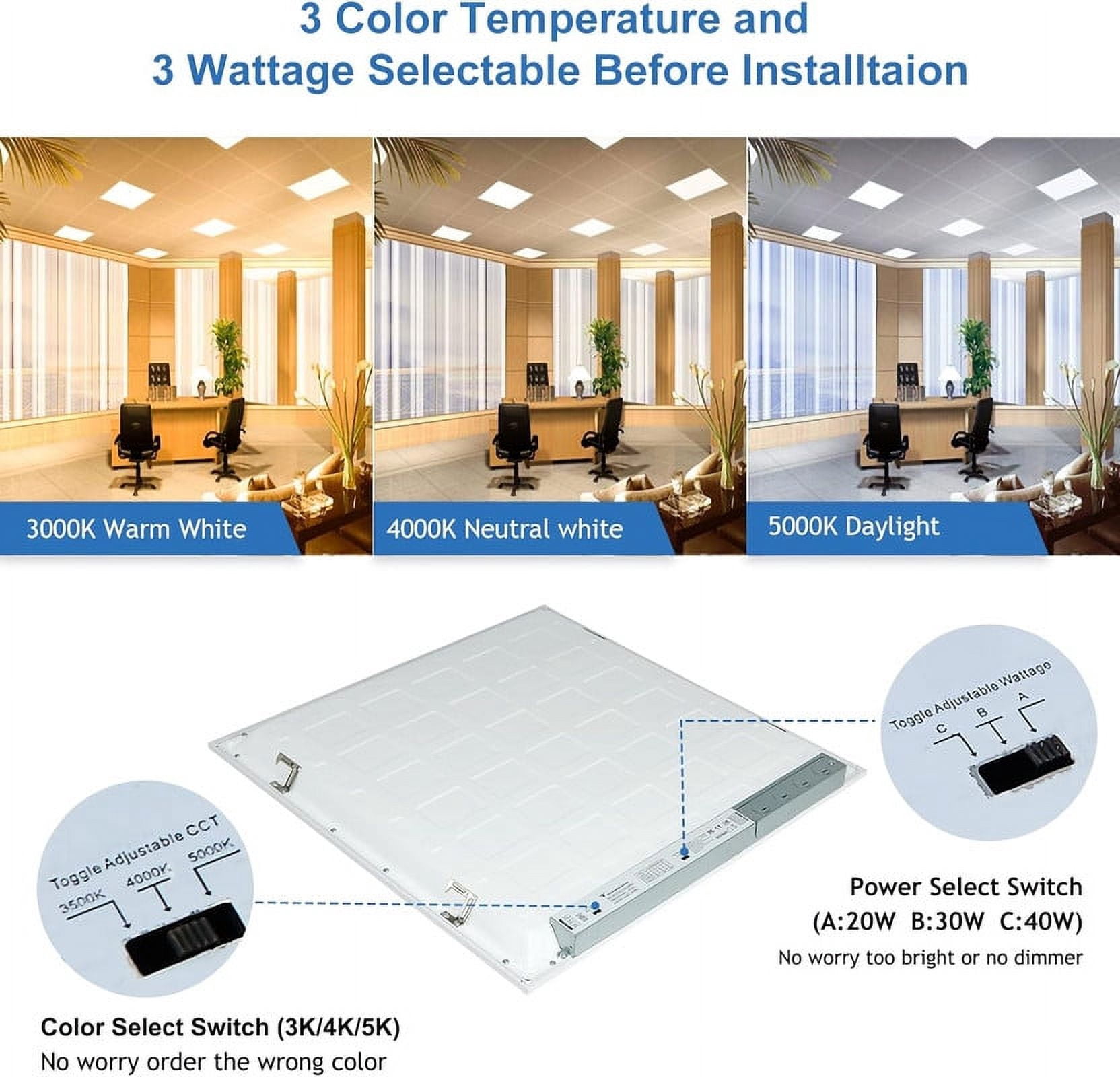 8 Pack 2x2 LED Flat Panel Light Drop Ceiling 0-10V Dimmable, 20W/30W/40W Selectable, 3000K 4000K 5000K Switchable, 120-277V, ETL Listed