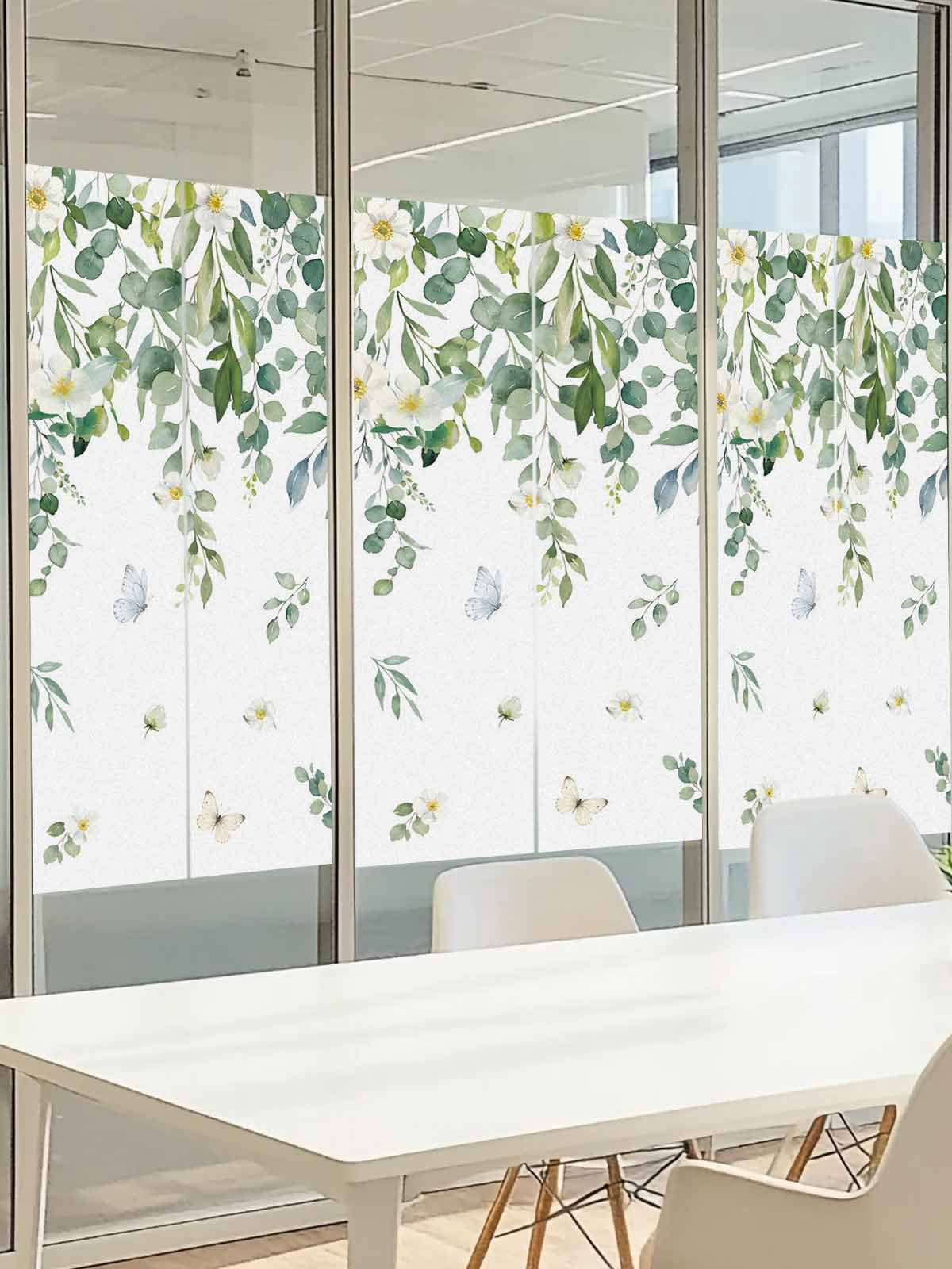 Summer Botanical Window Privacy Film, Watercolor Eucalyptus Leaves Farmhouse Frosted Glass Window Clings Static Cling UV Heat Blocking Reusable Door Sticker for Bathroom 23.6 x 59 Inch