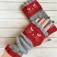 thumbnail image 2 of MIASHUIWomen's Knitted Fingerless Gloves Winter Warm with Cat Face Embroidery & Design, Thick Cozy Fashion Casual Leaky Finger Gloves,Red, 2 of 3