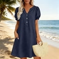 thumbnail image 4 of ClodeEU Women's Linen Blend V Neck Puff Sleeve Half Button Midi Dress with Pockets ,Solid Color Casual Summer Dress Navy,Women's Plus M, 4 of 5