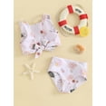 thumbnail image 3 of FEORJGP Kids Girl Two Piece Swimsuits Toddler Summer Bikini Swimwear Sleeveless Vest Shell/Flower Print Tank Tops Crew Neck Knotted Tankini and Elastic Shorts Set Cute Bathing Suits Beachwear, 3 of 9