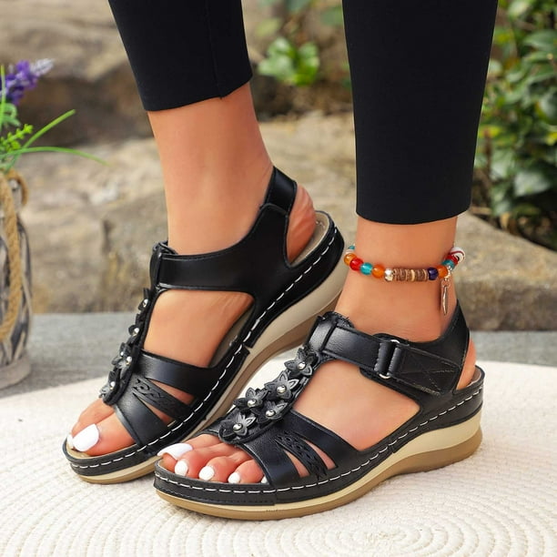 MKLEKYY Sandalias Antiderrapantes para Mujer, Sandalias de Tacón Bajo de Cuero A La Moda de Verano para Mujer, Zapatos Cómodos Con Temperamento