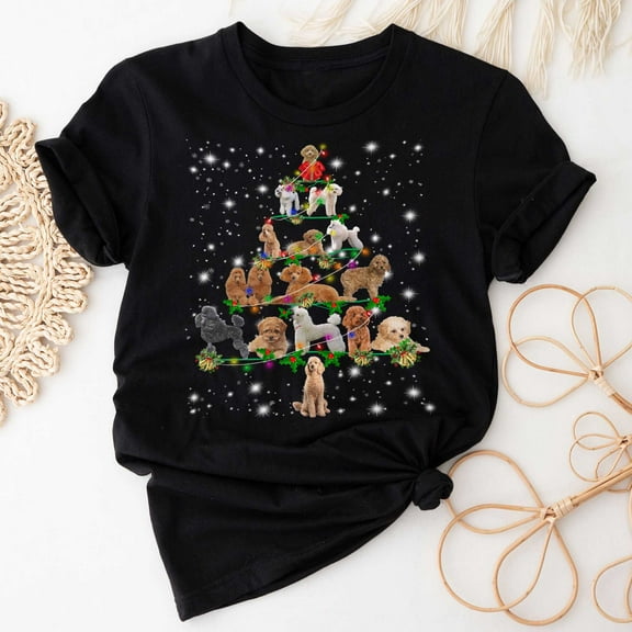 Poodle Christmas Tree T-Shirt, Funny Dog Lover Gift, Poodle Christmas Lights Shirts, Christmas Shirts for Women Men