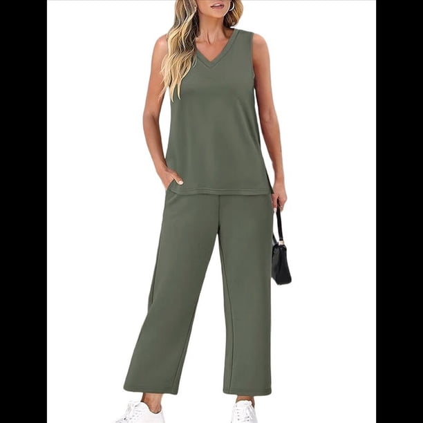 Conjuntos de Dos Piezas para Mujer, Conjuntos de Verano, Conjuntos de Estar por Casa, Blusas de Cuello Alto, Pantalones Cortos de Pierna Verde XXL