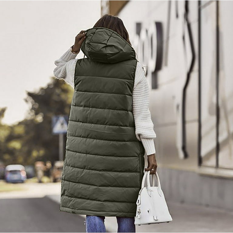 Hfyihgf Oversized Long Down Vest for Women Outdoor Coats with Hood Long  Puffer Vest Winter Coats Sleeveless Warm Jacket Z1-Army Green M 