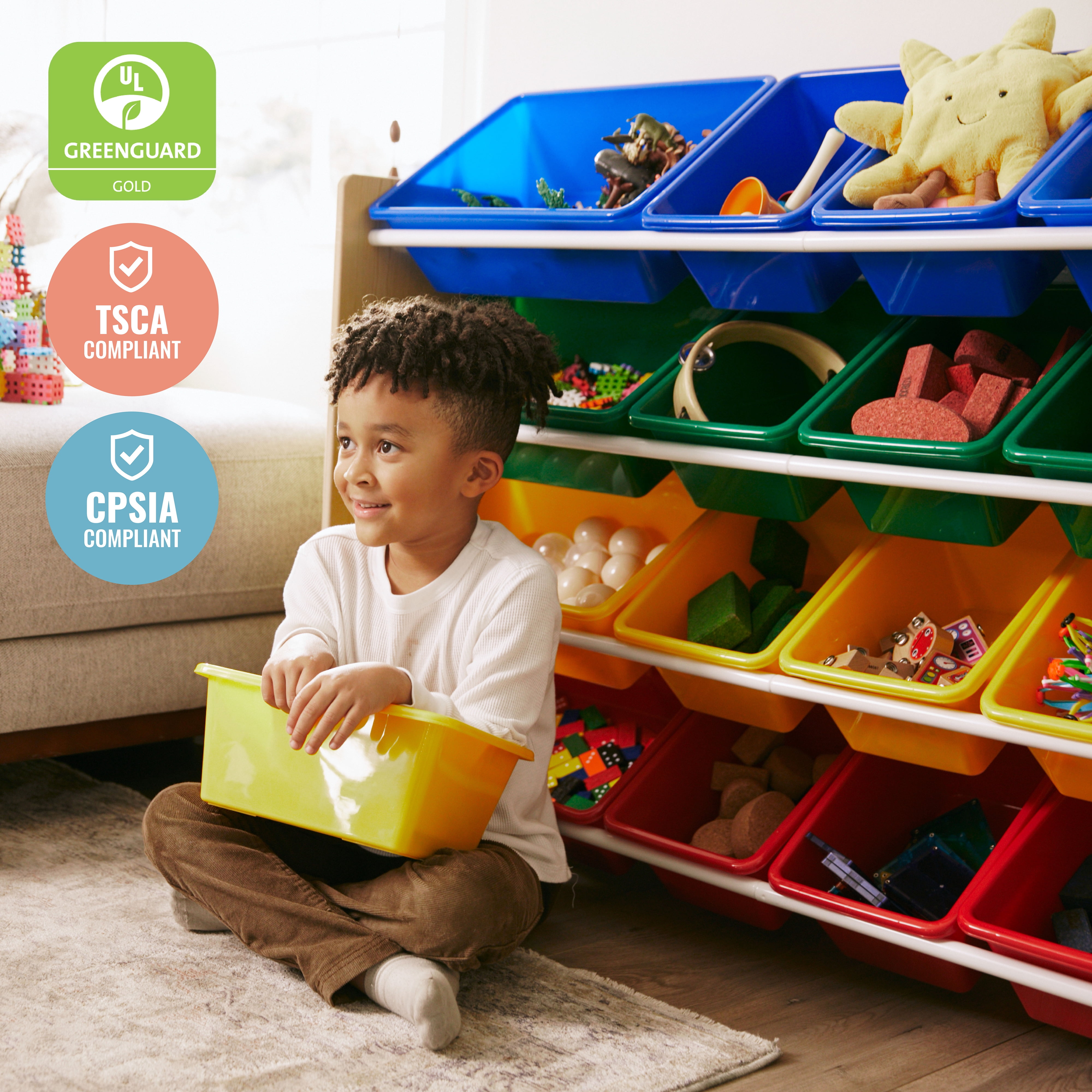 ECR4Kids 4-Tier Organizer with 16 Removable Plastic Bins, 4x4, Toy Storage, Natural/Primary