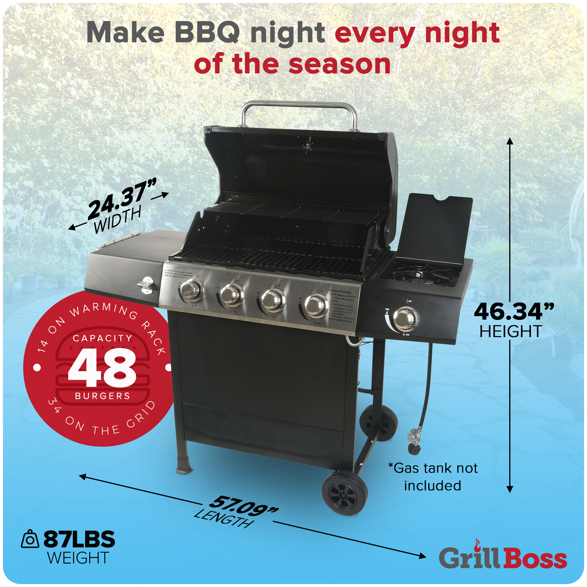 Grill Boss 4-Burner Gas Grill w/ Side Burner, Cover, and Side Shelves - image 4 of 12