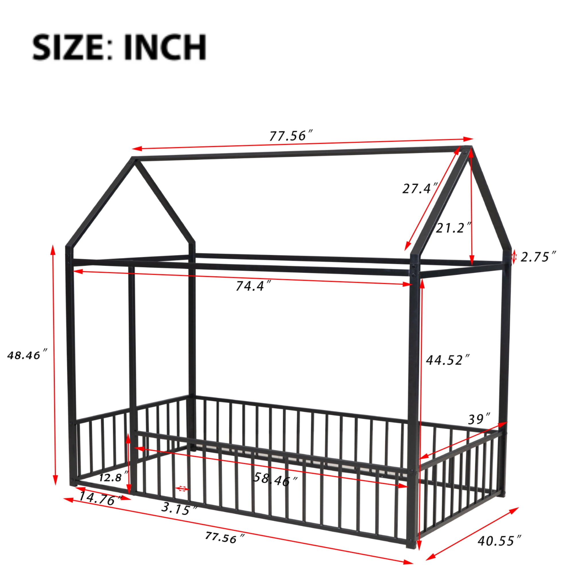 Twin Size Metal House Bed Frame with Rails, Montessori Floor Bed without Slats (Black)