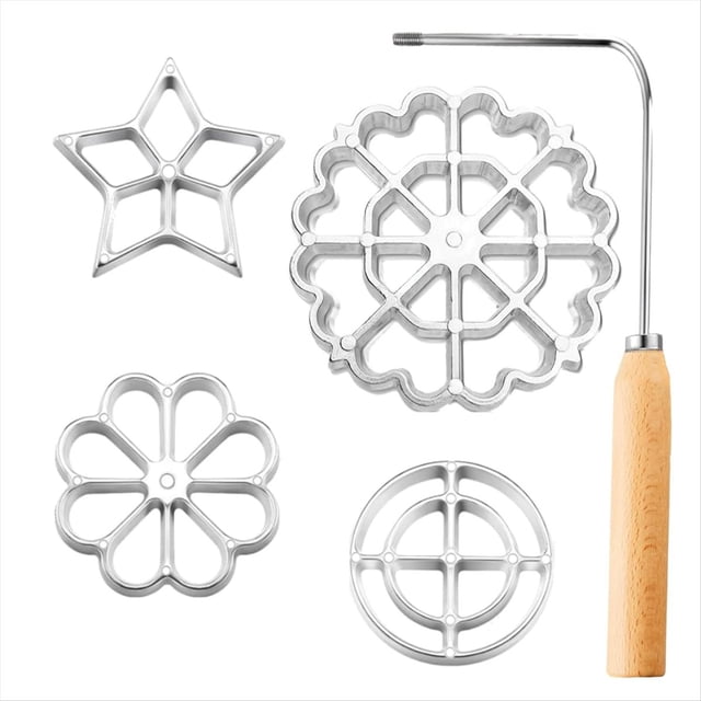 juego de moldes para buñuelos de 5 piezas con manejar, cortadores de galletas, juego de moldes para gofres de aleación de aluminio con 4 cabezales intercambiables Vista cenital con cuatro moldes de aleación de aluminio y un mango desmontable de 9,84 pulgadas con empuñadura de madera; formas: estrella, flor de seis pétalos, rosetón festoneado y disco con cruz interna; acabado metálico pulido y orificios de sujeción en cada pieza sobre fondo blanco. Cambio rápido de cabezales desenroscando el mango; también suele usarse como cortador de galletas o molde para gofres caseros.