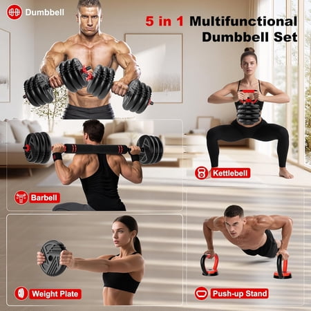Adjustable Dumbbell Set 45lbs, 5-in-1 Multi-Function Weights with Barbell Conversion for Home Gym Strength Training