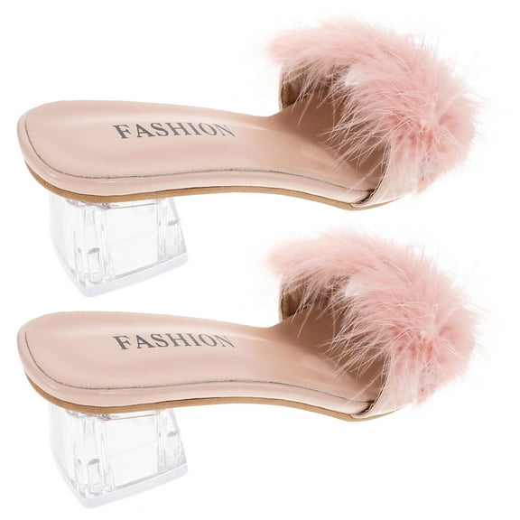 HEANUJJ 1Pair Pink Woman Summer Slipper PU Rubber Open Toe Chunky Heel Sandal for Beach