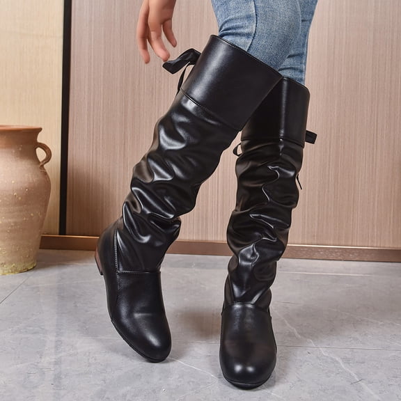 OKBOP Women's Knee High Boots, Round Toe Low Heel Faux Leather Winter