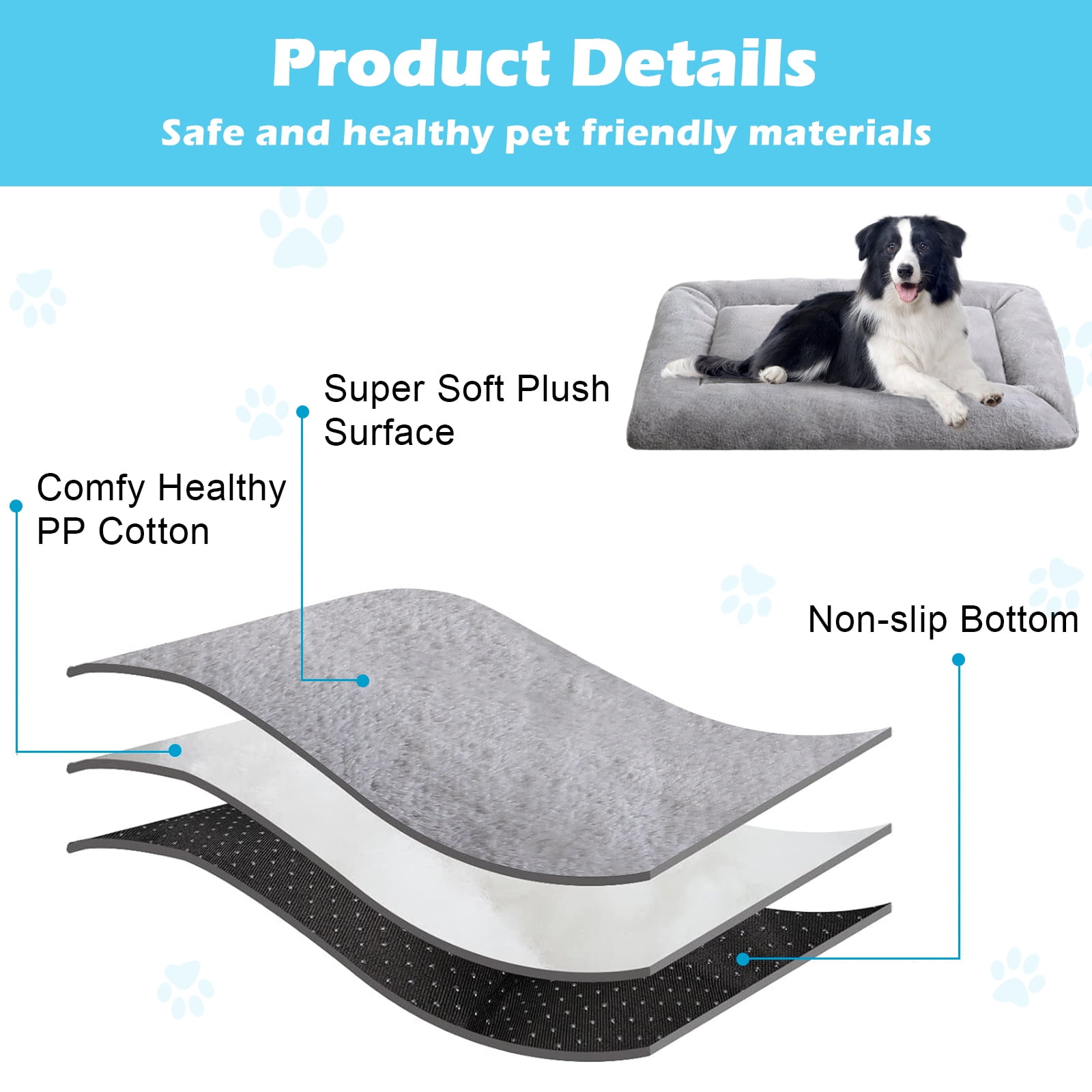 MERITLIFE Plush Washable Dog Bed Ultra Soft Dog Crate Mat Kennel Pad Anti-Slip Pet Sleeping Bed for Small Medium Large Dogs,Gray 48" x 30"