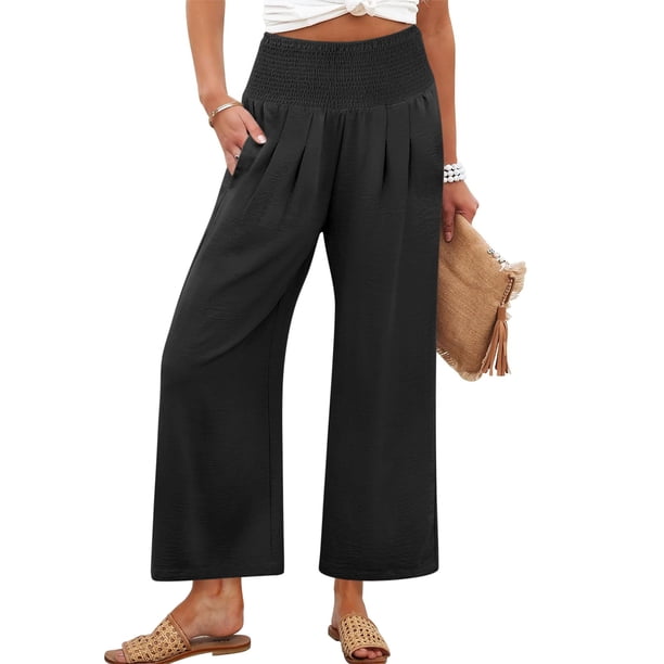 Pantalones Palazzo ANRABESS para mujer, pierna ancha, cintura alta, negros