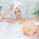 thumbnail image 4 of Esponja de ducha de baño – esponja suave y no dispersa de dos tonos, mullida de 4,7x4,7 pulgadas, espuma densa, bucle colgante de secado rápido, exfoliación suave para piel sensible, 4 of 7