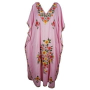 Mogul Womens Maxi Long Caftan Kashmiri Ethnic Floral Hand Embroidered Kimono Sleeve Coverup Maxi Kaftan Dress