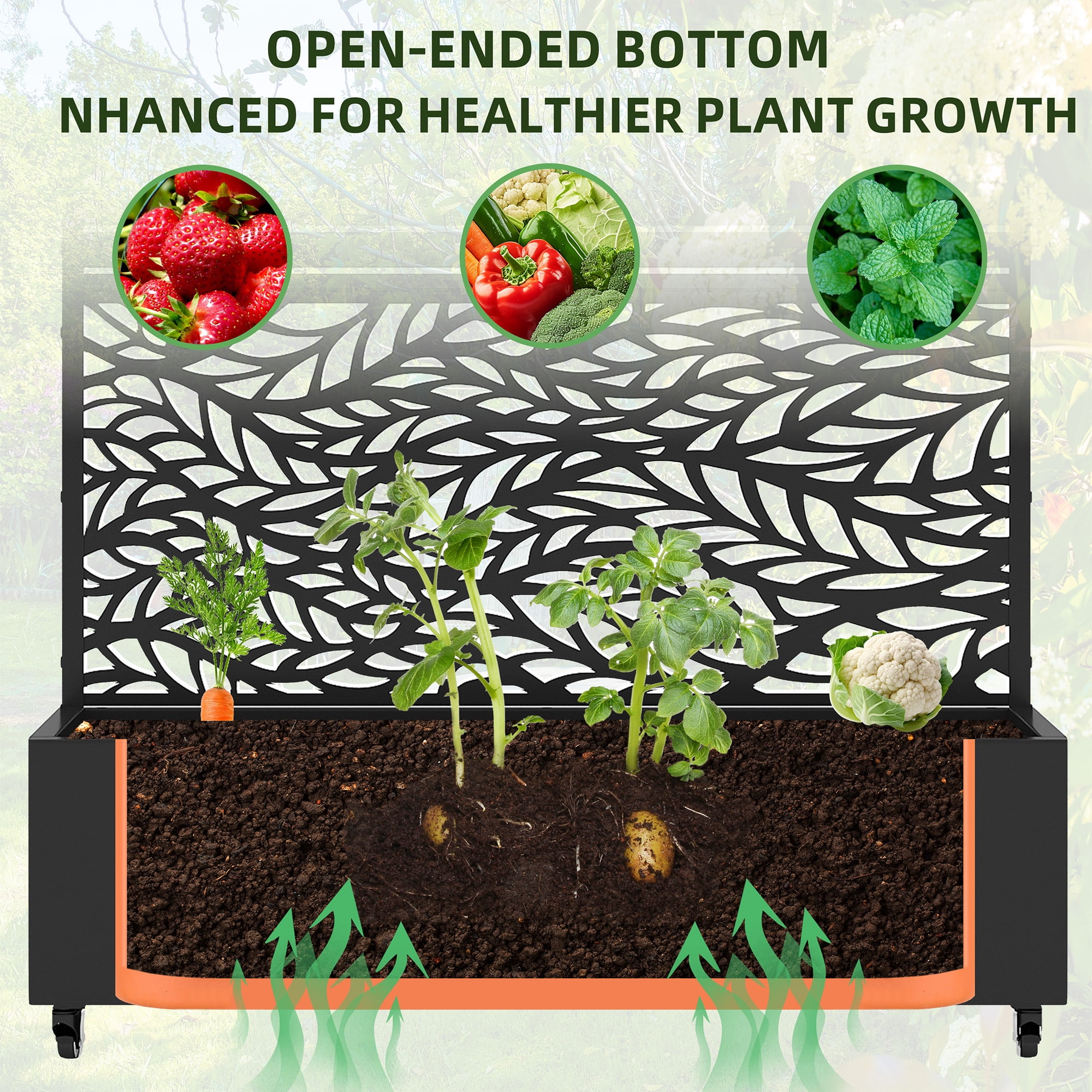 MAYEERTY 47*16*72" Outdoor Black Metal Planter Box with Trellis for Climbing Plants, Leafy & Parallel Pattern