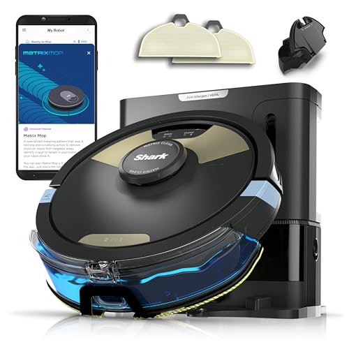 Robot aspirador y fregador Shark Matrix Plus 2 en 1 con limpieza sónica, Matrix Clean, mapeo del hogar, base autovaciable sin bolsa HEPA, CleanEdge, para pelo de mascotas, wifi, negro/latón, AV2620WA