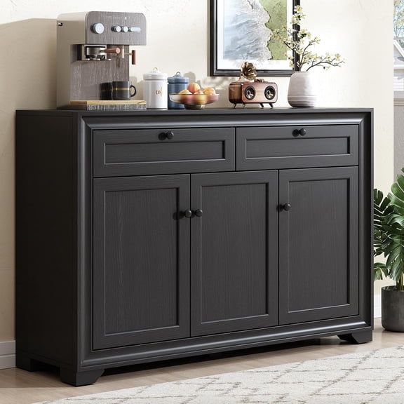 48 Inches Sideboard Buffet Cabinet with Storage, Black | Wood Coffee Bar Cabinet, Buffet Table, with 2 Drawers and 3 Doors, justable Shelves, Farmhouse Style, or Living Room, Kitchen