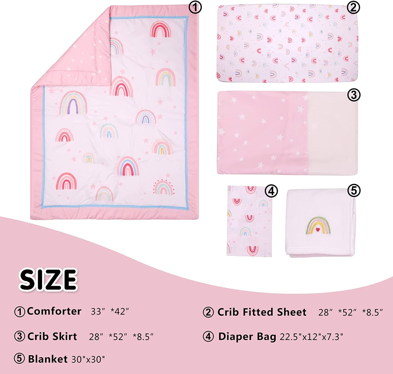 Sweet Baba Pink Rainbow Crib Bedding Set for Baby Girls, 5 PC Nursery Set Including Quilt/Skirt/Crib Sheet/Diaper Stacker/Blanket