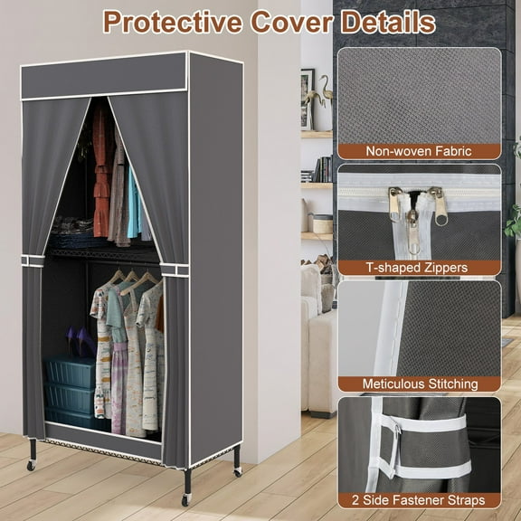 2 Tier Clothing Rack With Cover Portable Wardrobe Closet Covered Garment Rack with 4 Wheels 2 Hanging Rods 2 Hook Racks 35.43x17.13x72.44in