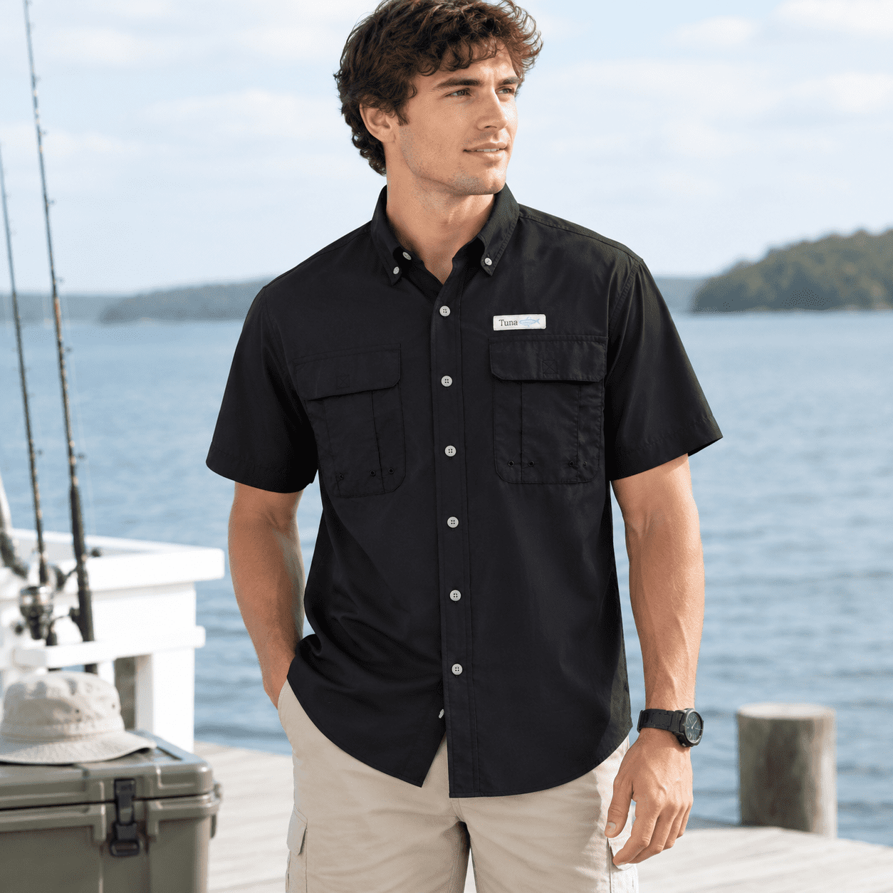 Men s Short Sleeve Fishing Shirt 9# Black Medium UPF 50+ Sun Protection Quick Dry