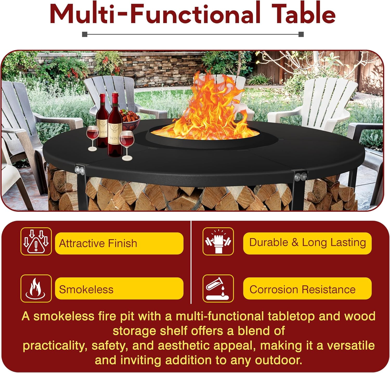 21.6" Smokeless Fire Pit with Round Tabletop and Firewood Storage Shelf - Durable Carbon Steel Bonfire Fire Pit - Smokeless Fire Pits for Outside Gathering