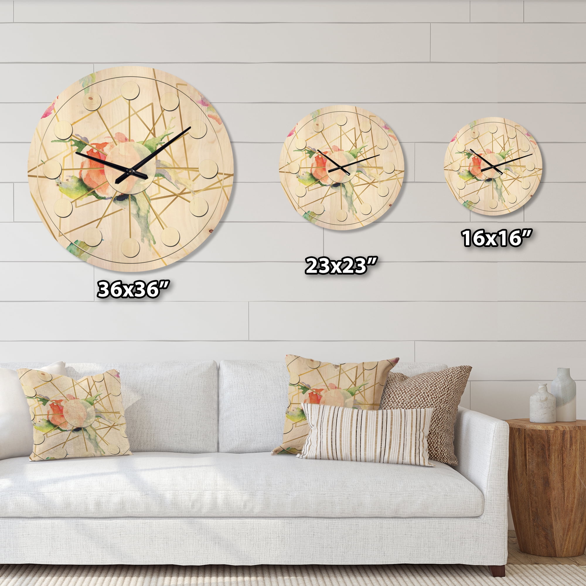 Designart 'Orange Rose Flower Retro Pattern on White' Mid-Century Modern Wood Wall Clock