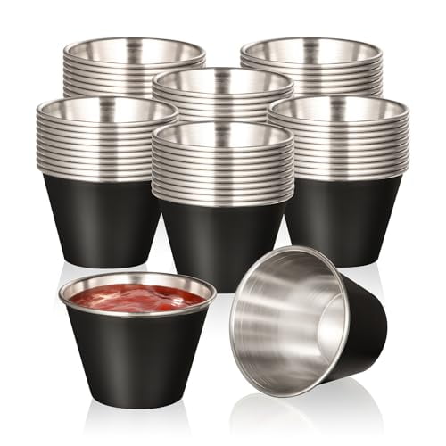 Fit Meal Prep [120 Pack 2.5 oz Stainless Steel Sauce Cups - Matte Black Individual Round Condiments Ramekins, Commercial Grade Safe/Portion Dipping Sauce Kitchen Set