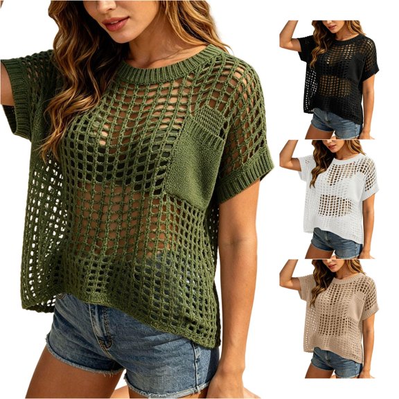 Gunia Crochet Tops For Women Summer Short Sleeve Hollow Out Pullover Knit Sweater Top Beach Cover Up