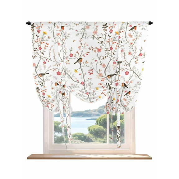 Flowers Birds Tie Up Curtains for Windows 63 Inch Length Balloon Curtains Kitchen Adjustable Balloon Window Shade Farmhouse Botanical Floral Branches Plants Tie Up Bathroom Curtain Window 46"x63"