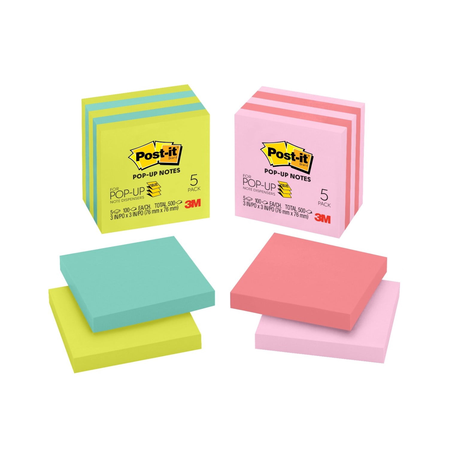 Post-it Dispenser Pop-up Notes, 3 in x 3 in, Mixed Bright Colors, 5 Pads